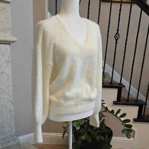 Marled Balloon Sleeves Soft Cream V-Neck Sweater